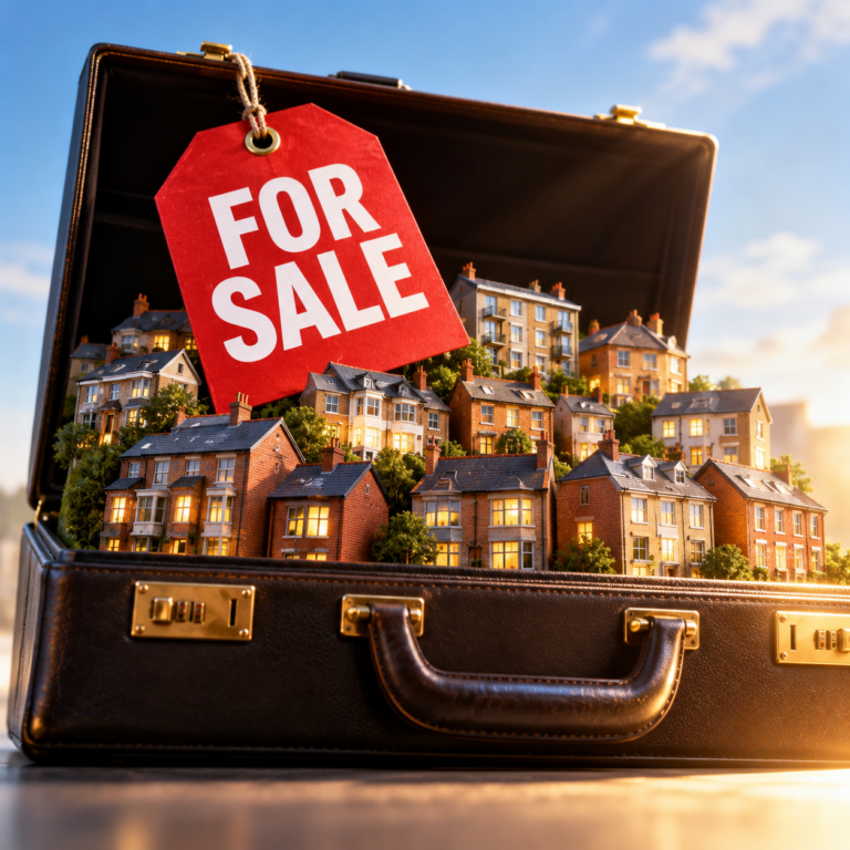 Property portfolio of houses in an open briefcase with a for sale tag, illustrating landlord investment sales in England.