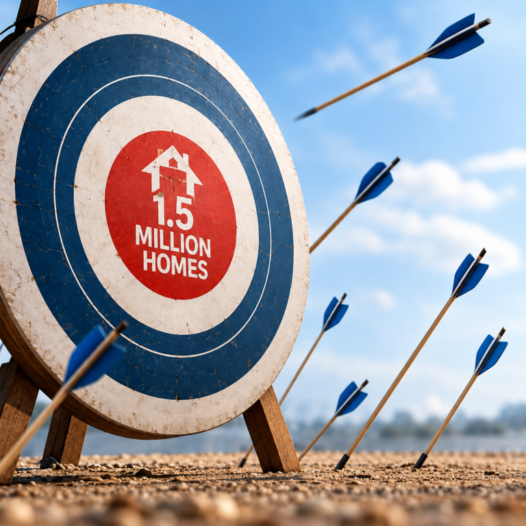 Arrows missing a target marked 1.5 million homes, illustrating the government's projected 500,000-home shortfall.