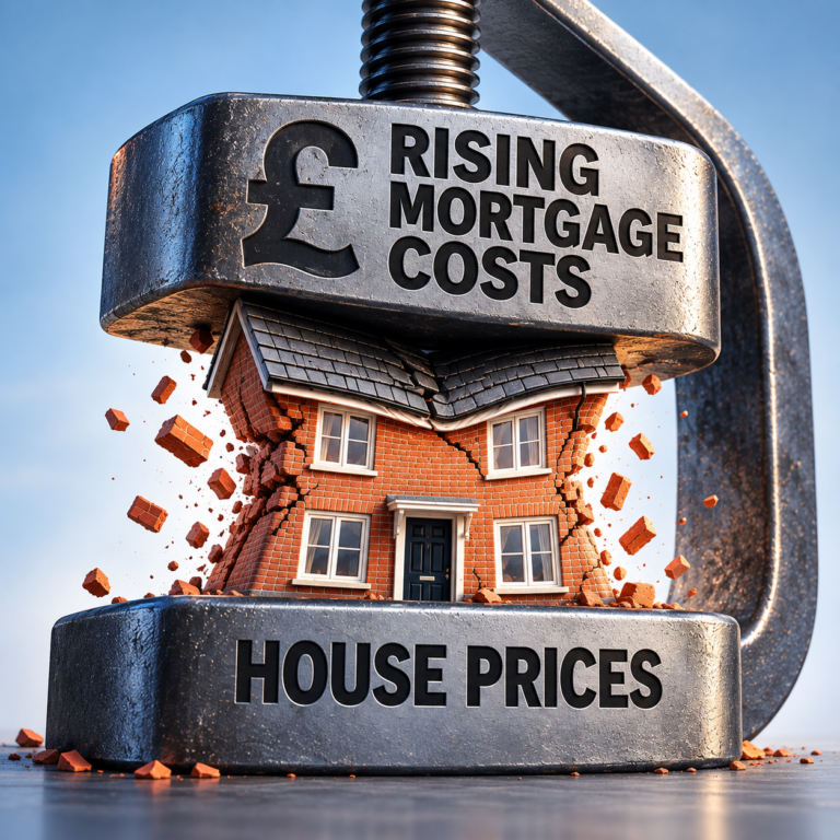 Rising mortgage costs squeeze UK house prices, illustrated by a brick house being crushed in a metal press.