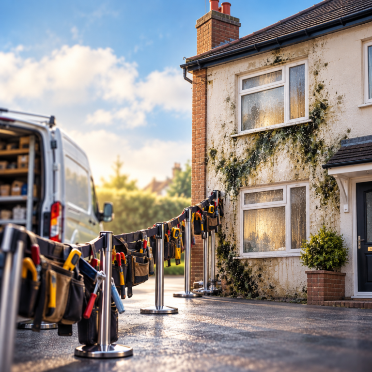 Mould-covered rental property with tradespeople’s tools outside, highlighting repair challenges under Awaab’s Law.