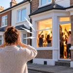 Woman covers her ears as noisy tenants party in a neighbouring house, highlighting anti-social behaviour concerns.