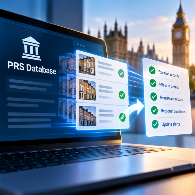 Laptop displaying the PRS database with property records and a registration checklist for landlords in England.