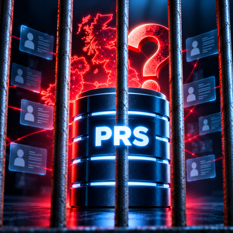 PRS database behind prison bars with a UK map and question mark, highlighting landlord and tenant privacy concerns.