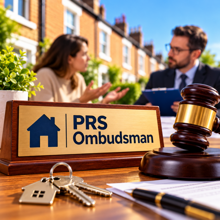 PRS Ombudsman sign and legal gavel representing the new landlord redress scheme under the Renters’ Rights Act.