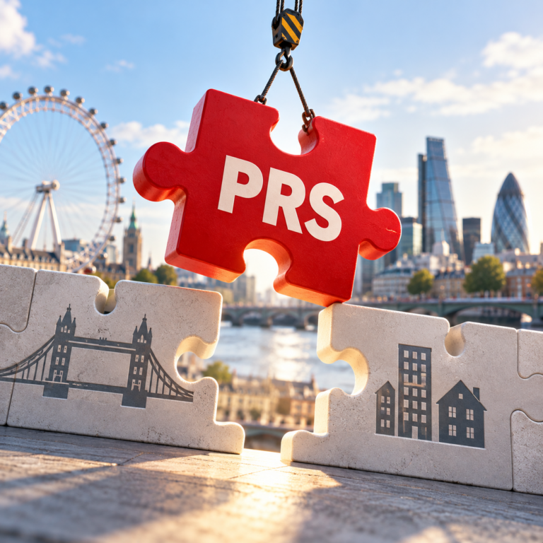 Red PRS puzzle piece being lowered into London's housing market, symbolising the private rented sector's role in housing supply.