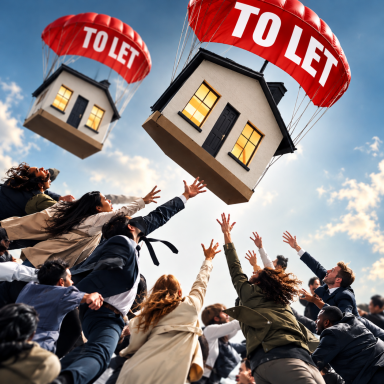 Prospective tenants reaching for rental homes marked To Let, illustrating growing competition for properties in England.