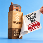 House on stacked inflation and real gain blocks beside a capital gains tax reform notice, highlighting landlords' tax concerns.