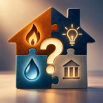 House-shaped puzzle showing gas, electricity, water and council symbols surrounding a question mark about HMO utility responsibilities.