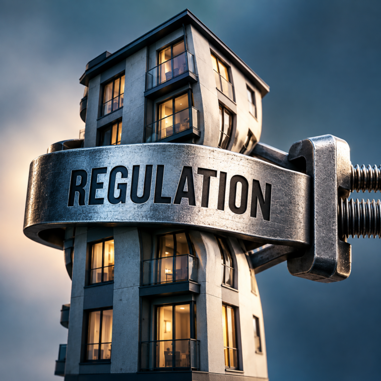Modern apartment building squeezed by a regulation clamp, symbolising tighter rules for leasehold property managers.