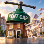 Rent cap press squeezing a rental home as £20 notes fly away, illustrating restricted landlord income growth