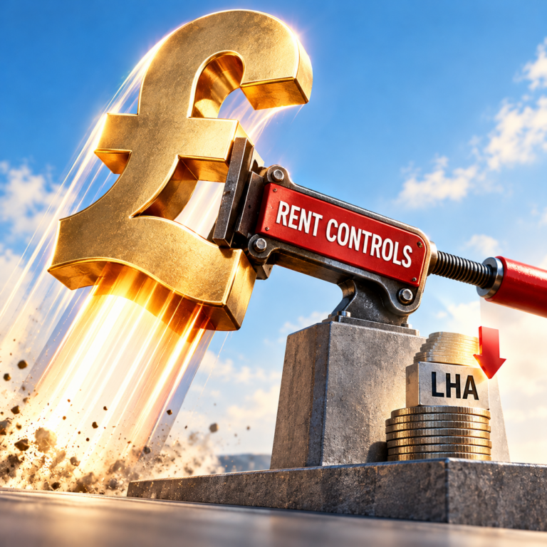 Golden pound symbol squeezed by rent controls clamp beside LHA coins, illustrating proposals to curb rent rises.