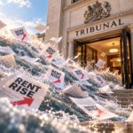Wave of rent increase notices flooding a tribunal entrance, symbolising a surge in tenant challenges to rent rises.