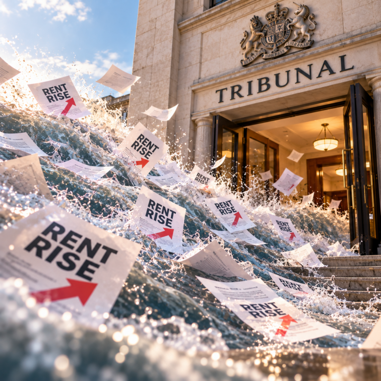 Wave of rent increase notices flooding a tribunal entrance, symbolising a surge in tenant challenges to rent rises.