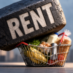 Heavy RENT block pressing down on a basket of groceries, highlighting renters struggling to afford food and essentials.
