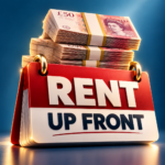 Stacks of £50 notes above a rent upfront sign representing advance rent payments by private tenants