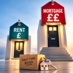 Rent and mortgage price tags above two homes, illustrating higher monthly mortgage costs for first-time buyers.