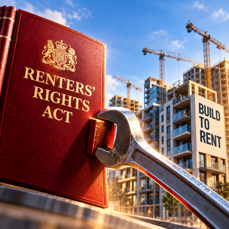 Renters’ Rights Act book and spanner beside Build to Rent developments, illustrating calls for housing law reforms.