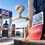UK border checkpoint alongside a Right to Rent notice and fine, highlighting landlords' concerns over immigration penalties.