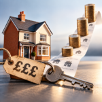UK home, keys and rising coin stacks illustrating higher mortgage costs despite improving affordability