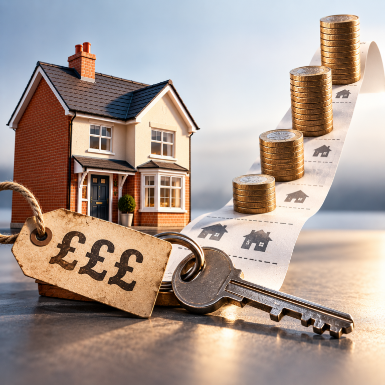 UK home, keys and rising coin stacks illustrating higher mortgage costs despite improving affordability