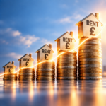 Rising stacks of pound coins and rental homes illustrate increasing UK rents
