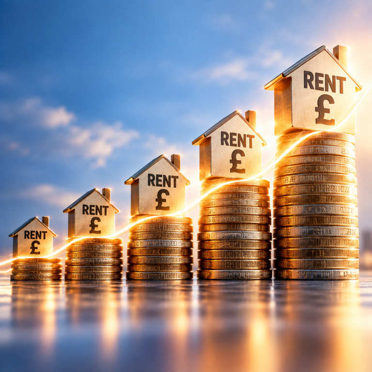 Rising stacks of pound coins and rental homes illustrate increasing UK rents