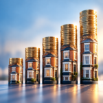 Five houses topped with rising stacks of gold coins illustrating growth in UK buy-to-let rental yields.