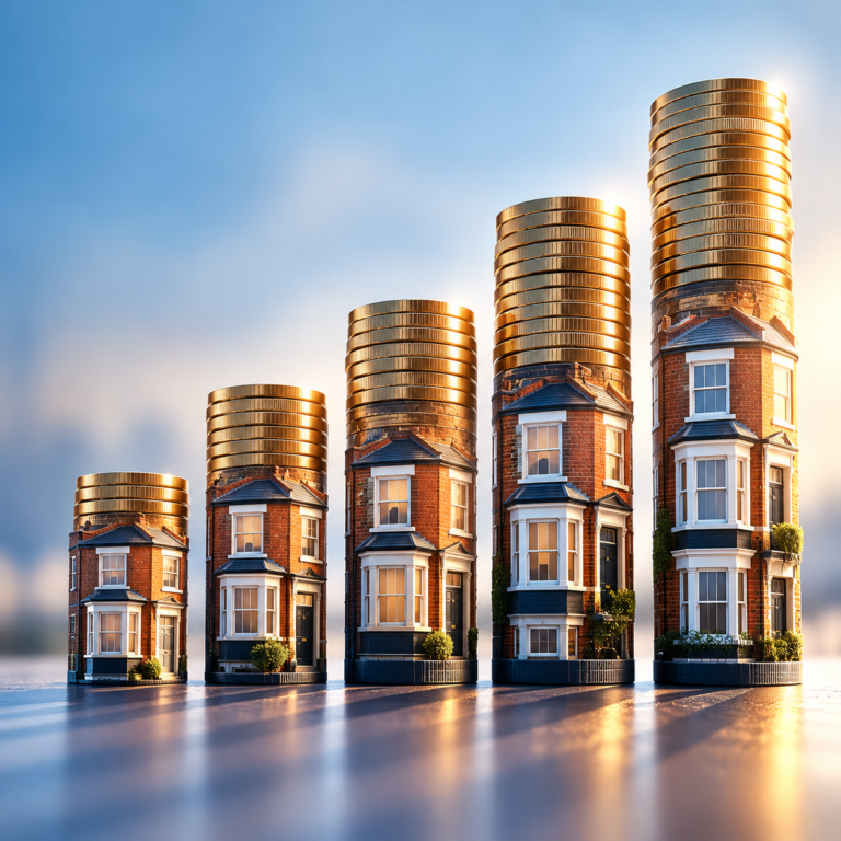 Five houses topped with rising stacks of gold coins illustrating growth in UK buy-to-let rental yields.