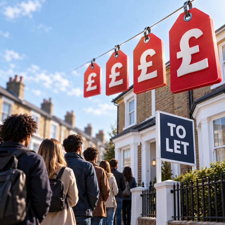 Tenants queue outside a UK rental property as demand rises and rents are expected to increase