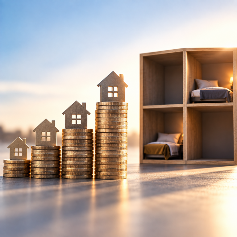 House icons on rising coin stacks illustrating record UK room rents and shrinking rental supply