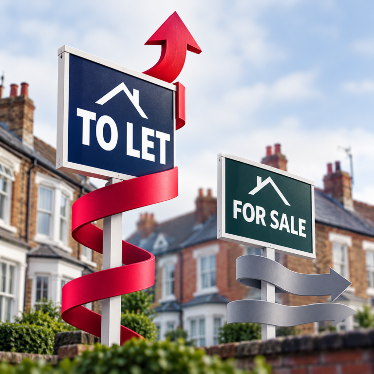 To Let sign with rising arrow beside For Sale sign illustrating UK rent increases and slowing house price growth.
