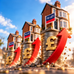 UK rental homes on stacks of pound coins with rising arrows, illustrating rent increases among landlords.