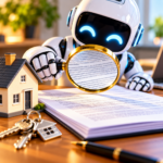 AI robot using a magnifying glass to review a letting agency contract beside a model house and keys.
