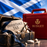 Cracked inheritance tax stone beside a Scottish Budget case, illustrating potential higher tax bills for landlords.