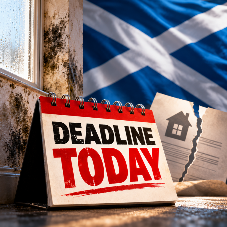Damp and mould beside a deadline calendar and Scottish flag highlighting new landlord rules in Scotland