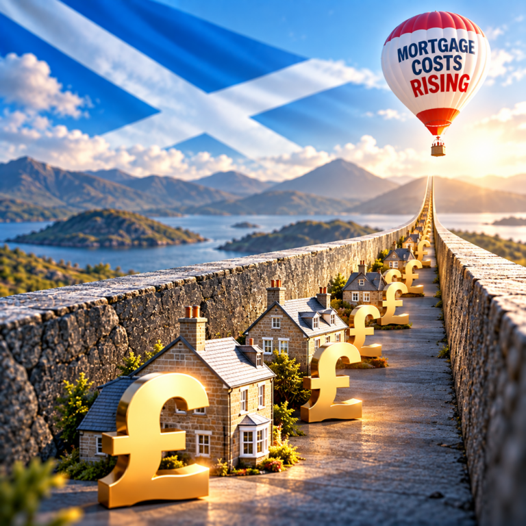 Scottish homes and pound symbols illustrate improving affordability as mortgage costs rise