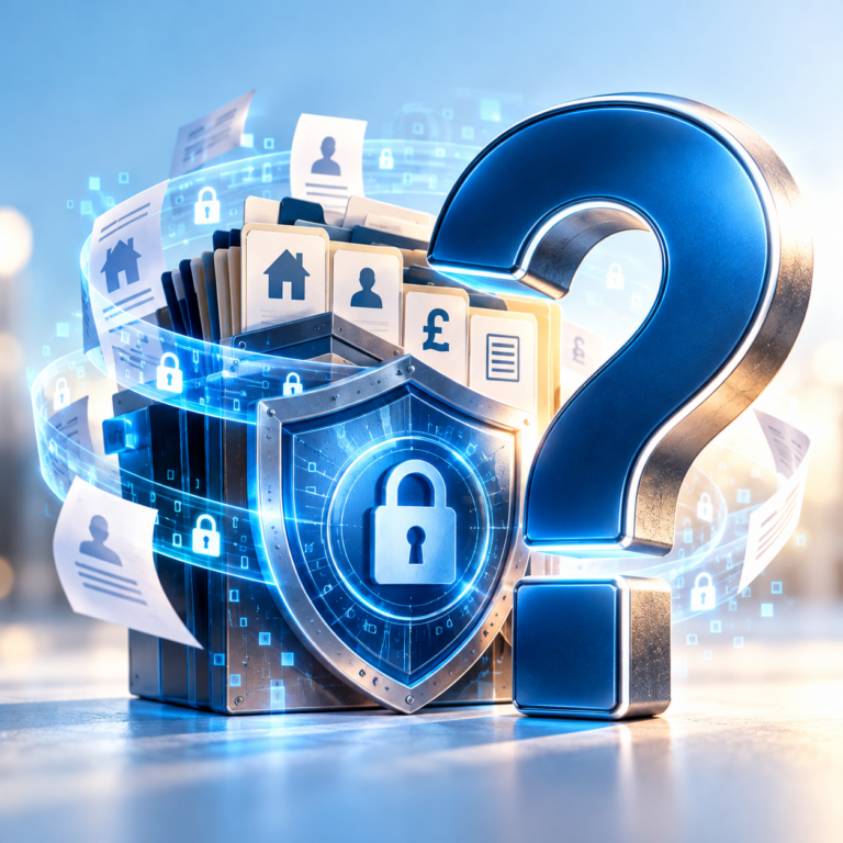 Secure landlord records and property documents beside a question mark, highlighting privacy concerns over the landlord database.