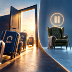 Suitcases marked SELL head through an open door, contrasting with an armchair symbolising older landlords staying put.