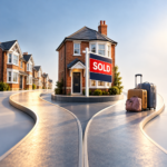 Sold sign outside a UK rental property with luggage, illustrating landlord sales and the impact on tenants.