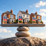 UK homes for sale balanced on stones, reflecting stable house prices amid market uncertainty