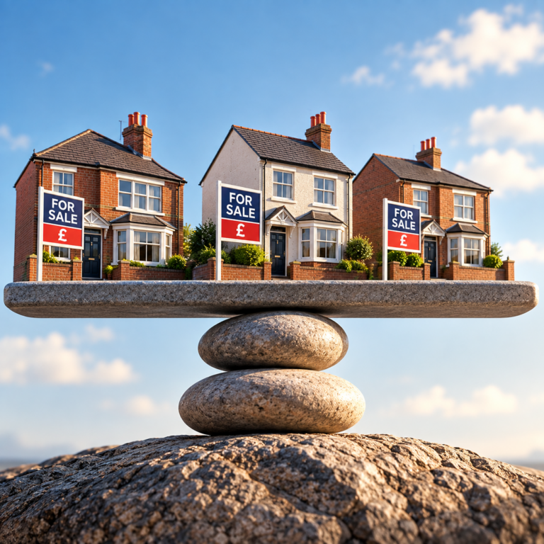 UK homes for sale balanced on stones, reflecting stable house prices amid market uncertainty