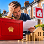 Worried landlord reviews tax documents beside a Budget briefcase, coins and model house amid rising property taxes.