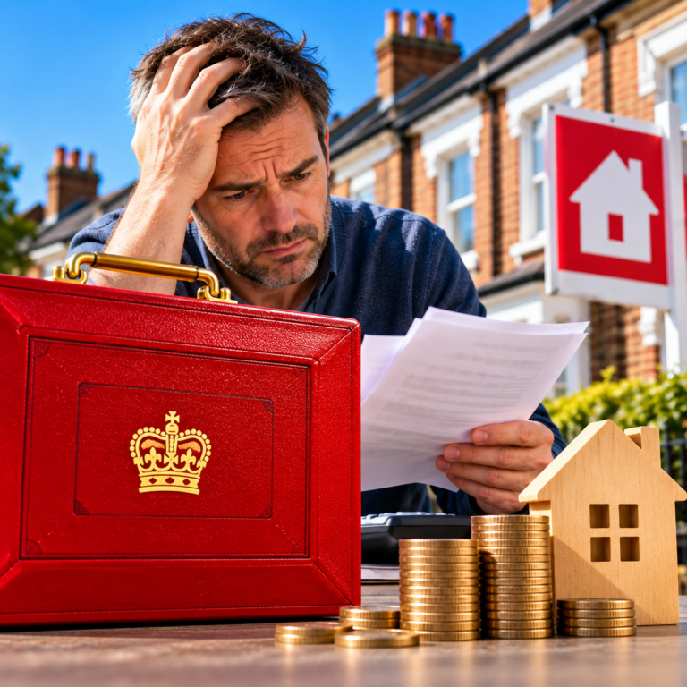 Worried landlord reviews tax documents beside a Budget briefcase, coins and model house amid rising property taxes.