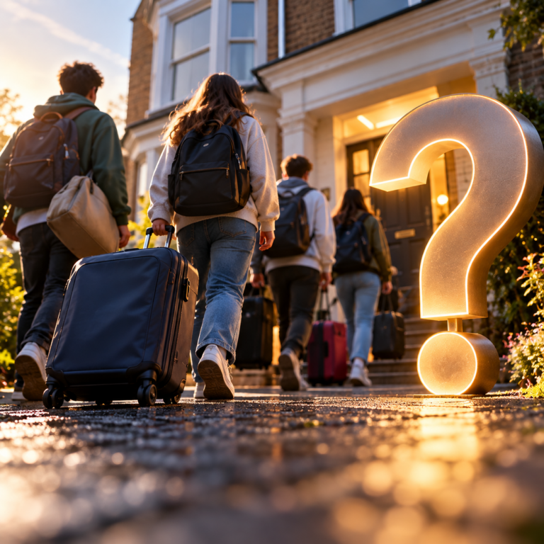 Students carrying luggage towards a rental house beside a glowing question mark symbolising tenancy renewal uncertainty.