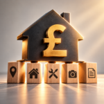 House with gold pound symbol above icons representing property comparisons, repairs, photographs and records for rent reviews.