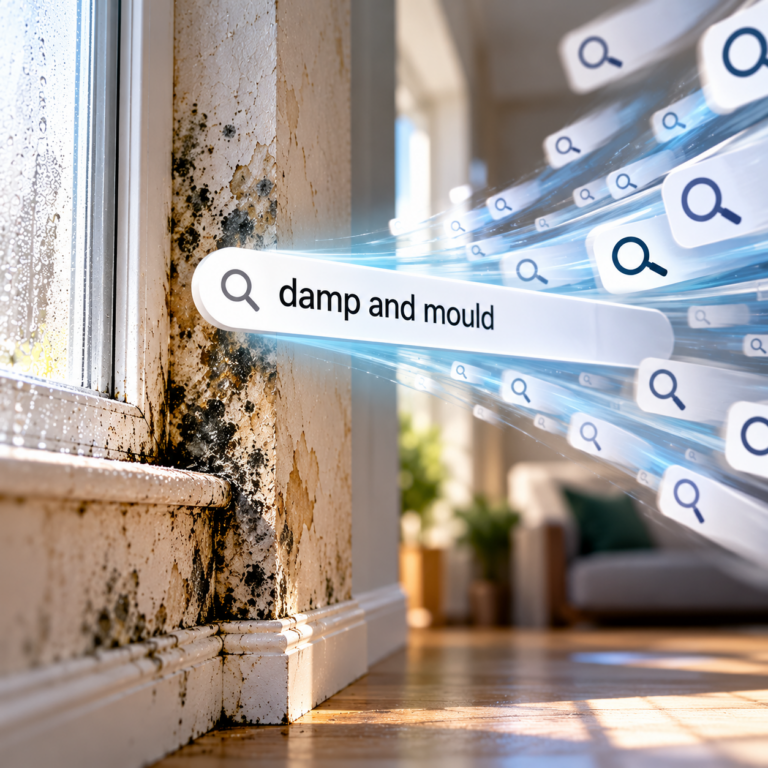 Damp and black mould spreading around a window as online searches surge following changes to HHSRS housing safety rules.