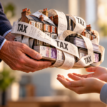 Family property assets and cash wrapped in tax receipts being handed from an older generation to the next.