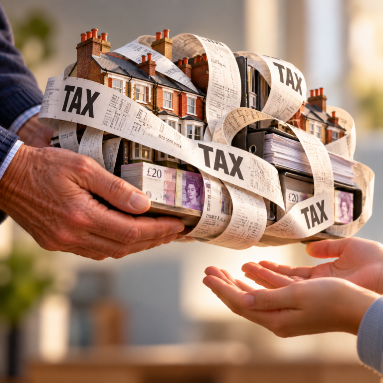 Family property assets and cash wrapped in tax receipts being handed from an older generation to the next.