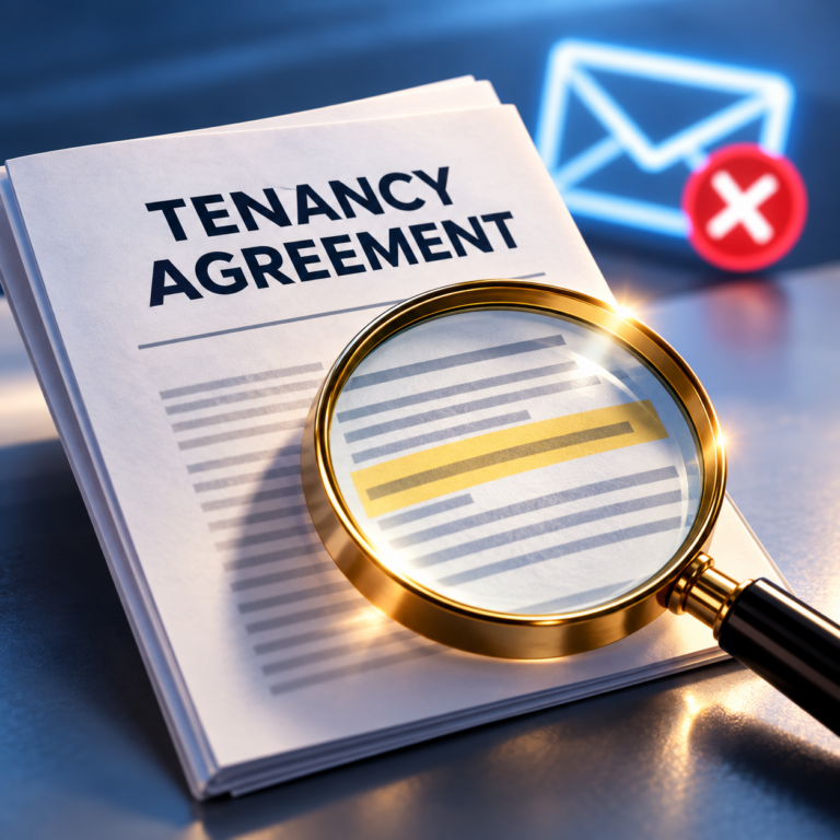 Tenancy agreement under a magnifying glass with a rejected email symbol, highlighting the risks of serving notices by email.