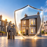 Family figures beside a house protected by a transparent shield, symbolising greater security for private renters.